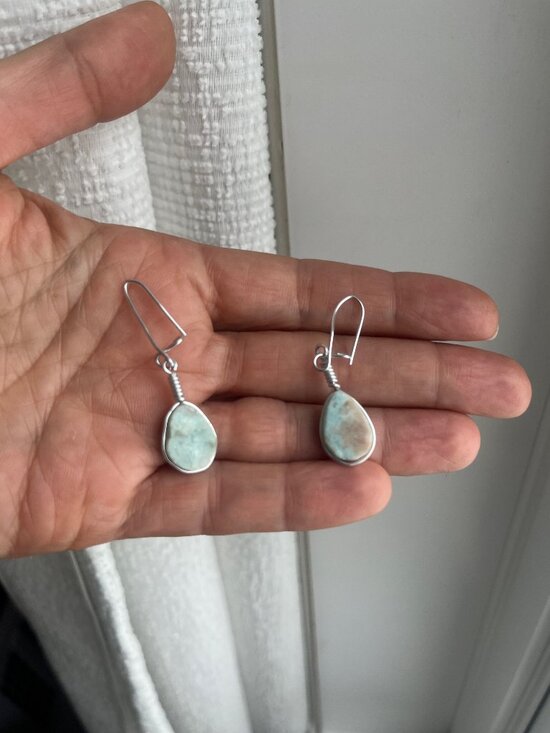 Natural Larimar Teardrop Wire-Wrapped Earrings - Picture 2 of 7